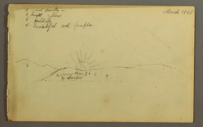 Rysunek, Słońce zachodzące za niskimi wzgórzami, 1845 r.