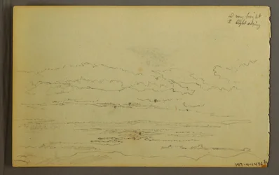 Rysunek, Słońce zachodzące za niskimi wzgórzami, 1845 r.