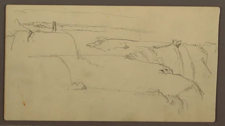 Rysunek, zachód słońca nad brzegiem ze statkiem, 1858 r.