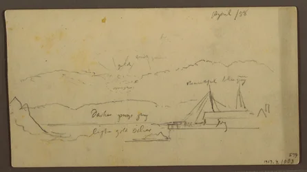 Rysunek, zachód słońca nad brzegiem ze statkiem, 1858 r.