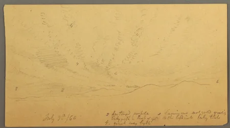 Rysunek, zachód słońca nad wzgórzami, 9 lipca 1866 r.