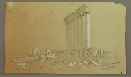 Rysunek, Świątynia Jowisza o wschodzie słońca, Baalbek, 7 maja 1868 r.