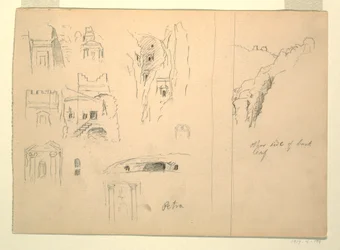 Rysunek, Dziesięć studiów grobowców i widok skał, Petra, Jordania, 26 lutego 1868 r.