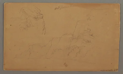 Rysunek, drewniany dom, dwie żaglówki, studium dachu, prawdopodobnie 1868 r.