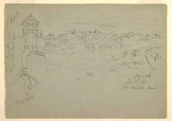Rysunek, Wieża w Lyddzie i Ramleh widziane z wieży w Ramleh, Palestyna [Ramleh, Izrael], 7 i 10 lutego 1868 r.