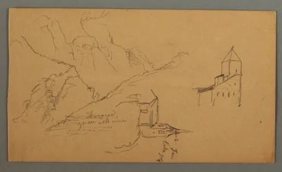 Rysunek, dwa kościoły, dolina, wodospad, 1868 r.