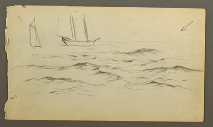 Rysunek, Dwie żaglówki, fale, prawdopodobnie 1860 r.