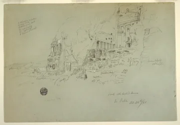 Rysunek, grobowiec urnowy, grobowiec jedwabny i grobowiec koryncki, Petra, 26 lutego 1868 r.