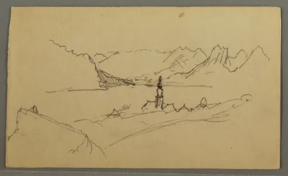 Rysunek, dolina, kościół, St. Gilgen Austria, prawdopodobnie 1868 r.
