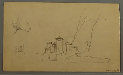 Rysunek, dolina, kościół, St. Gilgen Austria, prawdopodobnie 1868 r.