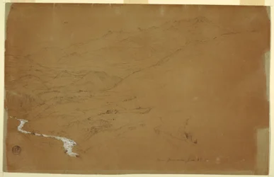 Rysunek przedstawiający dolinę ze strumieniem i domami w pobliżu Guarandy, Ekwador, 4 czerwca 1857 r.