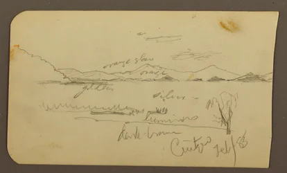 Rysunek, widok w pobliżu brzegu jeziora, Cuitzeo; Verso: widok w pobliżu brzegu jeziora, Cuitzeo, luty 1885 r.