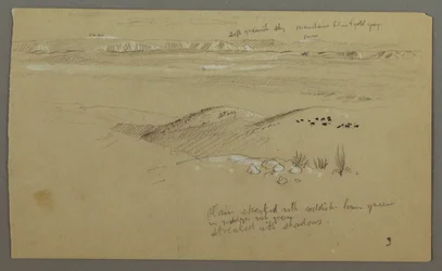 Rysunek, widok przez wzgórza i równinę w kierunku gór, dolina El Yemen, luty 1868 r.