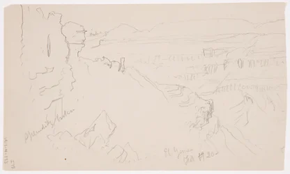 Rysunek, widok przez wzgórza i równinę w kierunku gór, dolina El Yemen, luty 1868 r.