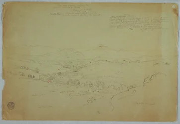 Rysunek, widok w pobliżu Popayan, w tym wulkan Mount Purese, rzeka Cauca, Kolumbia, 8 sierpnia 1853 r.