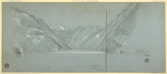 Rysunek, widok na jezioro Konigssee z Falkenstein, niedaleko Berchtesgaden, Bawaria, Niemcy, część 2, 11 lipca 1868 r.