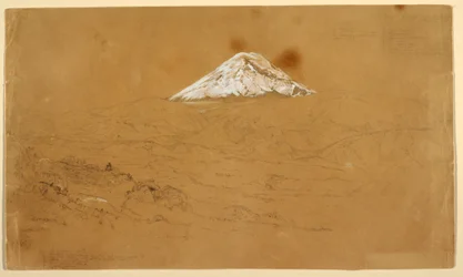 Rysunek, widok ośnieżonej góry Chimborazo narysowany w pobliżu Guanojo i Guaranda, Ekwador, 12 czerwca 1857 r.
