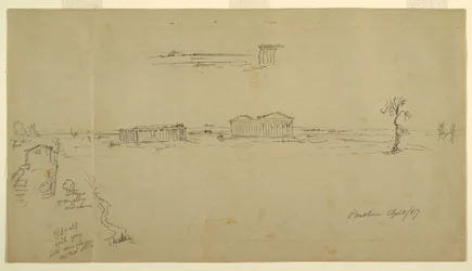Rysunek, widok na bazylikę i świątynię Neptuna, Paestum, Włochy, kwiecień 1869 r.