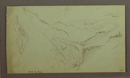 Rysunek, wioska i stroma dolina górska (Alpy), 1868-69