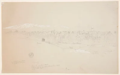 Rysunek, wioska Kuseiyeh, góra Liban w oddali, maj 1868 r.