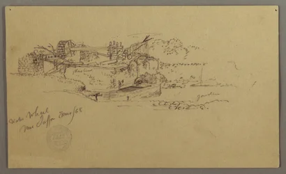 Rysunek przedstawiający koło wodne z basenem w ogrodzie, Jaffa, Palestyna [Tel Awiw, Izrael], marzec 1868 r.