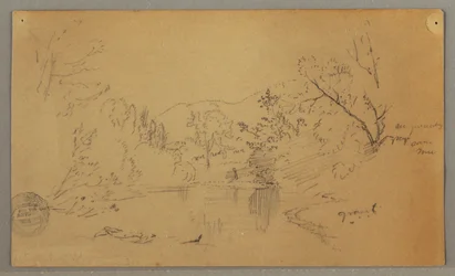 Rysunek, Kręta rzeka w zalesionej dolinie, Vermont, październik 1865 r.
