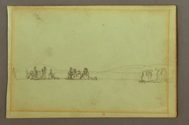 Rysunek, zalesione wyspy, pagórkowaty brzeg, prawdopodobnie 1856 r.