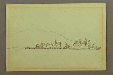 Rysunek, zalesiony brzeg, góry, prawdopodobnie 1856 r.