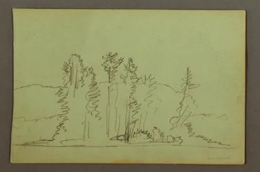 Rysunek, zalesiony brzeg jeziora, prawdopodobnie 1856 r.