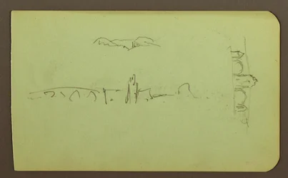 Rysunek, wzgórza, kościół, most; Verso: postać, krzyż, kościół, 1883 r.