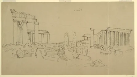 Widok na Partenon i otaczające go fragmenty ruin od zachodu, Ateny, Grecja