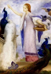 Młoda dziewczyna karmiąca pawie. Jest ubrana w stylu antycznym. Obraz lorda Frederica Leightona (1830-1896) (prerafaelicki)