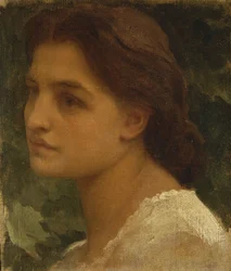 Portret młodej damy o małym biuście, ubranej w białą sukienkę