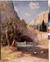 Widok Fontaine du Vaucluse Krajobraz Prowansji. Obraz Frederica Montenarda (1849-1926) wym. 65x50,5 cm Obowiązkowa wzmianka: Collection fondation faith de Provence, Marseille
