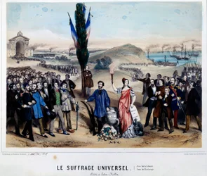 Alegoria do powszechnego prawa wyborczego Alexandre Auguste Ledru-Rollin (Ledru Rollin) (1807-1874) Ledru Rollin, kandydat w wyborach prezydenckich w 1848 roku, jest zwolennikiem Arbre de la Liberte, był za Powszechnymi Suffrage, przyjęty