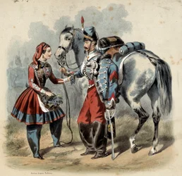 Armia francuska i jej kantyniery: Hussard i cantiniere de trupe de line. Grawerowanie Fryderyka Sorrieu (1807 -? )