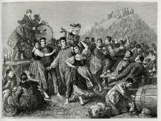 Fete des patres w Hohneck (Wogezy), niedziela po św. Janie. Grawer autorstwa F.Lixa, ilustrujący opowieść „Przez Alzację i Lotaryngię””, w 1884 r. autorstwa Charlesa Grada (1842-1890), niemieckiego posła, pisarza i przyrodnika. Opublikowano w Le Tour du mo