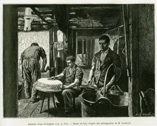 Wewnątrz fabryki sera. Grawerowanie autorstwa Lixa, ilustrujące opowiadanie A Through Alsace and Lorraine, autorstwa Charlesa Grada, niemieckiego zastępcy, w 1885 roku, w tour du monde 1887, pod kierunkiem Edouarda Chartona (1807-1890), Hachette, Paryż.