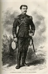 Portret podróżnika i narratora podpułkownika Prjewalskiego, rysunek F.Lixa ilustrujący podróż do Mongolii i ziemi Tangutów w latach 1870-1873, autorstwa podpułkownika Prjewalskiego. Grawerowanie w Le tour du monde