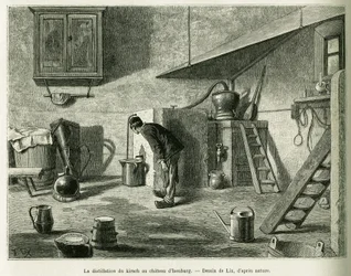 Destylacja kirschu na zamku Isenburg. Grawerowanie autorstwa Lixa, ilustrujące opowiadanie „Przez Alzację i Lotaryngię”, w 1887 r., autorstwa Charlesa Grada, niemieckiego zastępcy, w tour du monde 1888, w reżyserii Edouarda Chartona (1807-1890), Hachette, 
