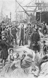 Victor Hugo (1802-1885) żegna się ze swoimi przyjaciółmi i sympatykami w Antwerpii 1 sierpnia 1852 r., ok. 1885 r.
