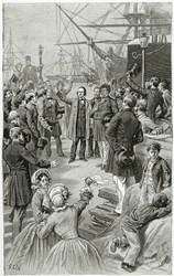 Victor Hugo nawołuje do stworzenia republiki powszechnej podczas przemówienia na wygnaniu 1 sierpnia 1852 r., XIX w. (rycina bw)