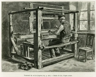 Tkacz z Doliny Liepvre. Grawerowanie autorstwa Lixa, ilustrujące opowiadanie „Przez Alzację i Lotaryngię”, w 1887 r., autorstwa Charlesa Grada, niemieckiego zastępcy, w tour du monde 1888, w reżyserii Edouarda Chartona (1807-1890), Hachette, Paryż.