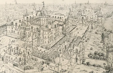 Luwr w Paryżu w czasach Karola V Mądrego (XIV w.), rysunek Fryderyka de Clarac (1777-1847), Francja