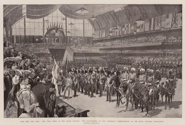 Boże chroń króla, ostatnia scena w wielkim korowodzie, inauguracja Wspólnoty australijskiej, podczas Królewskiego Turnieju Wojskowego