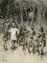 „Jak handluje biały człowiek w Kongo: sprowadzanie gumy i zakładników” (monochromatyczne przemycia na karcie)