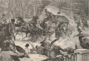 Zamach na Aleksandra II 13 marca 1881. Z Le Monde Illustré, 1881.