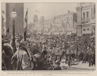 Brygada Marynarki Wojennej w mieście, burmistrz w rezydencji, obserwujący przechodzącą procesję