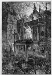 Pożar wiedeńskiego Ringtheateru w Wiedniu (Austria) 5 grudnia 1881 r. Rycina De Haenena w „Le Monde Illustré”, nr 1291 z 24 grudnia 1881 r.