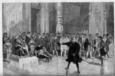 Przedstawienie teatralne: „Król się bawi” Victora Hugo (1808-1883). Akt I scena 5: pokój w Luwrze, klątwa. M. de Saint Vallier (Saint-Vallier) przed królem Franciszkiem I (Mounet Sully (lub Mounet Sully) 1841-1916) i błazen Triboulet (Edmond